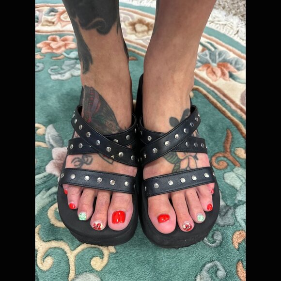 90s Demonia Black & Metal Sandal Platform Flip Flops Goth Emo Y2K Vintage 8 - Picture 1 of 12